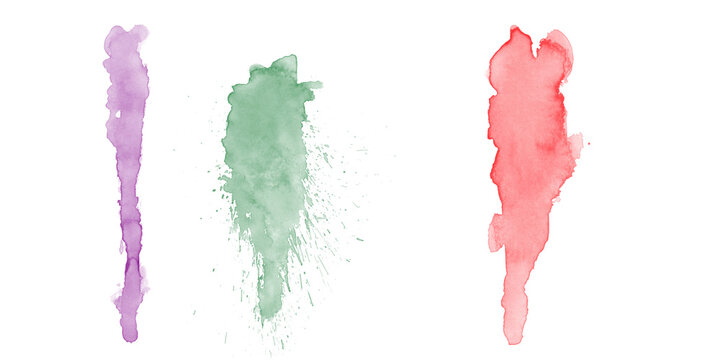 Vibrant watercolor ink splatters purple green red on black background artistic fluid drips paint bleed creative elements