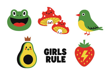 Obraz premium Playful Sticker Collection Featuring a Frog Mushrooms Bird Avocado Strawberry and Girls Rule Text
