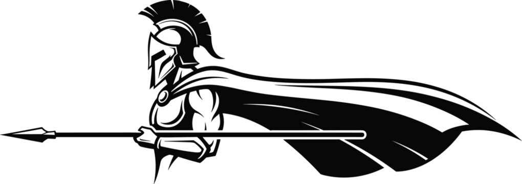 Spartan Warrior in Corinthian Helmet with Spear and Cape Black and White Vector Illustration for Logo Mascot or Greek History