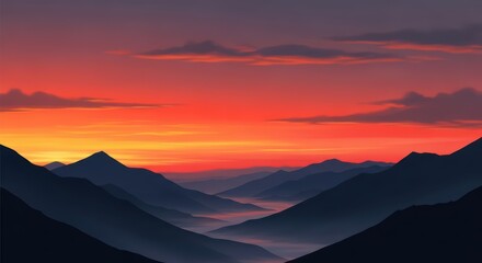 Obraz premium Majestic Mountain Valley at Sunrise with Fiery Sky and Fog