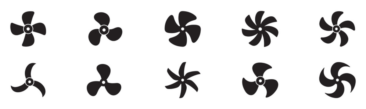 Propeller icon set. Fan speed icon vector set. Propeller speed symbol illustration. Flat design fan propellers vector isolated on white background.