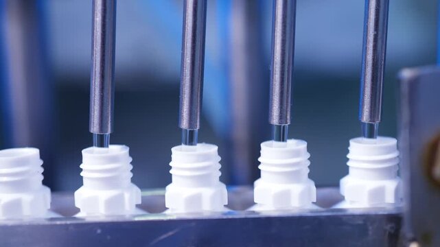 eye drop manufacturing. Ophthalmic drops solution, eye ear drop making process in factory. eye drop medicine in plastic bottles on conveyor belt. production of medical drops in a pharmaceutical line