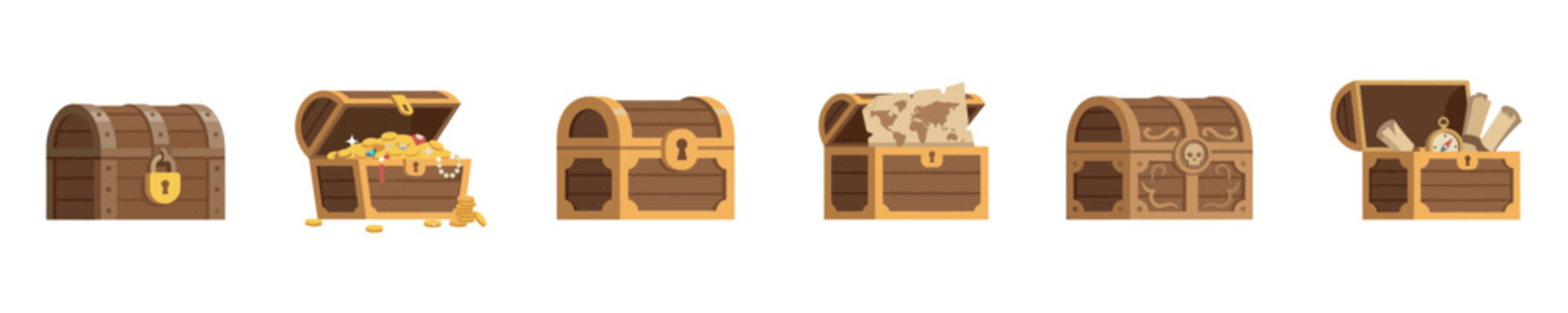 Wooden chests icon set. Pirate treasure chest set in flat design. Wooden chests with gold coins, gems, old maps, compass, and skull symbols for game interface and adventure themes.