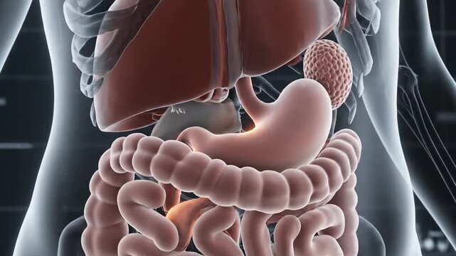 3D illustration of the human digestive system, showing stomach, intestines, liver, and pancreas in detail.