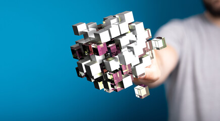 Abstract concept of digital technology and innovation featuring a hand interacting with a 3D cube. Ideal for tech, data,