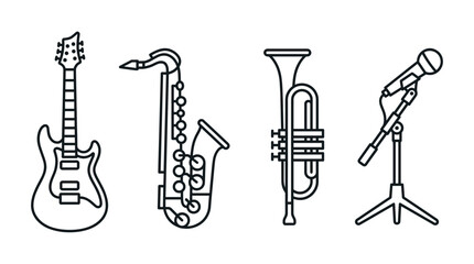 Obraz premium Vector collection of modern outline musical instruments: electric guitar, saxophone, trumpet, and microphone. Ideal for music-themed designs, apps, and web graphics.