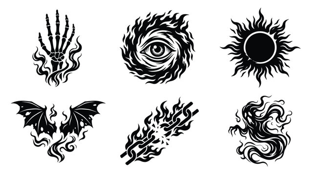 A collection of dark, mystical vector symbols featuring esoteric designs like an all-seeing eye, skeletal hand, sun, bat wings, broken chain, and ghost. Ideal for gothic art, tattoos, and logos.
