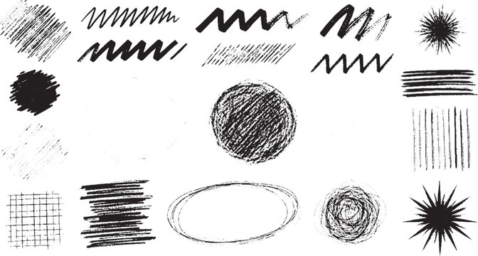 Set of diverse hand-drawn grunge and scribble textures for design, including circles, lines, and splashes, black and white, organic shapes, brush stroke, design element