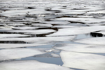 Spring landscape with gray melting danger broken ice floes floating in still river water