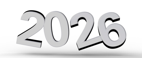 3D render of the year 2026 in bold white typography with a black outline and realistic shadows, isolated on a white back