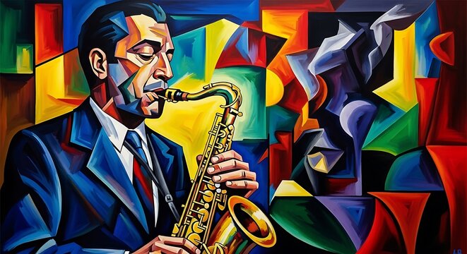 Cubist painting of a man playing a saxophone with vibrant colors