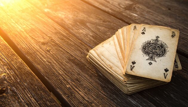 A vintage stack of slightly discolored playing cards with ornate backs rests on a weathered wooden table under soft sunlight.
