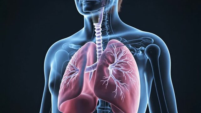 Anatomical illustration of the human respiratory system, focusing on the lungs and trachea within a transparent body outline.