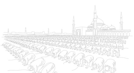 Fototapeta premium Islamic Prayer Gathering: Mosque and Crowds Praying in Rows