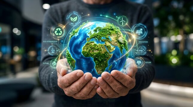 Caring hands supporting glowing green world globe surrounded by floating icons for eco stewardship and future innovation representing global commitment to environmental preservation and clean energy
