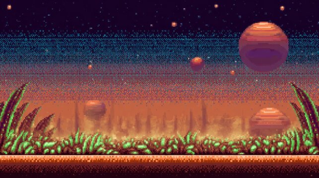 Pixel art cosmic game scene with alien planet surface, seamless vector background, outer space adventure, retro 8bit style, colorful fantasy universe for arcade and exploration games