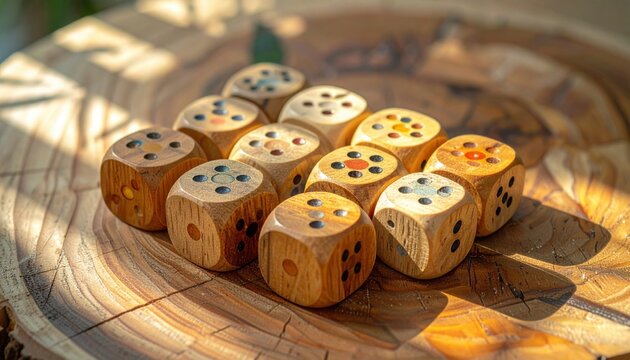 Group of finely crafted wooden dice with inlaid pips arranged on a textured surface