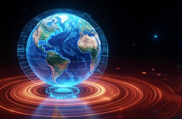 Obraz premium Digital Earth rotates on glowing rings surrounded by server racks in