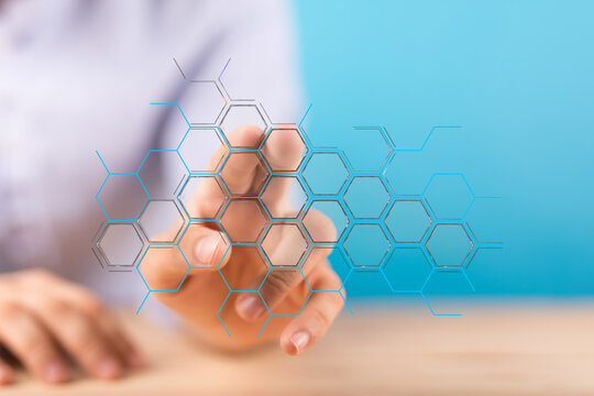 Hand touching a network interface. Technology concept. Business, connection, and communication, the future of the inter
