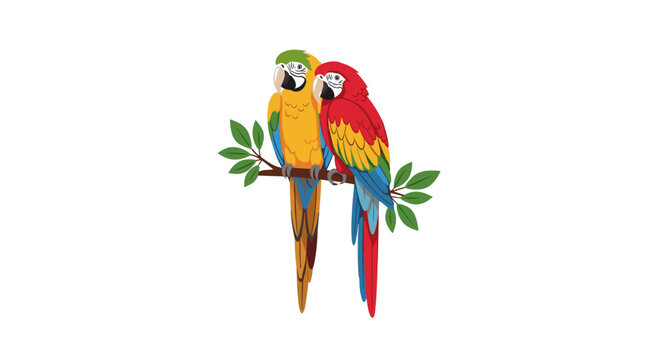Two colorful parrots on branch together.