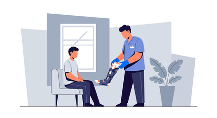 Doctor Applying Knee Brace to Patient in Rehabilitation Clinic