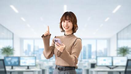 スマートフォンを持ち案内するビジネスウーマン オフィスのビジネスイメージ, Businesswoman Guiding with Smartphone in Office Business Concept © Trickster*