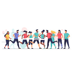Obraz premium Vibrant illustration of diverse men and women runners competing in a spirited race or marathon, demonstrating an active lifestyle and collective effort to reach the finish line