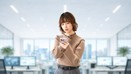 スマートフォンを見ながら考えるビジネスウーマン オフィスのビジネスイメージ, Businesswoman Thinking While Looking at Smartphone in Office © Trickster*