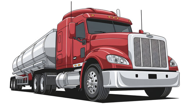 A large red semi truck with a silver trailer and grill on a white background
