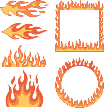 Set of fire flame silhouettes including square and circular frames, vibrant orange burning vector