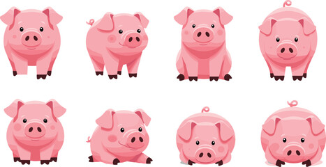 Cute cartoon pig characters vector set with different poses farm animal illustration collection adorable pink piglets mascot design © Mst