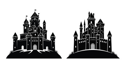 Two detailed castle illustrations presented as a striking black silhouette © MDEmon