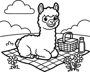 Fototapeta premium Cute cartoon alpaca lying on picnic blanket with basket and bottle in outdoor field setting vector art drawing