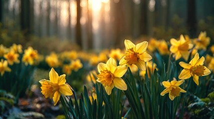 Obraz premium Bright yellow daffodils sway gently in the soft morning light, their petals shimmering in the sunlight against a backdrop of hazy green forest—a refreshing spring scene.