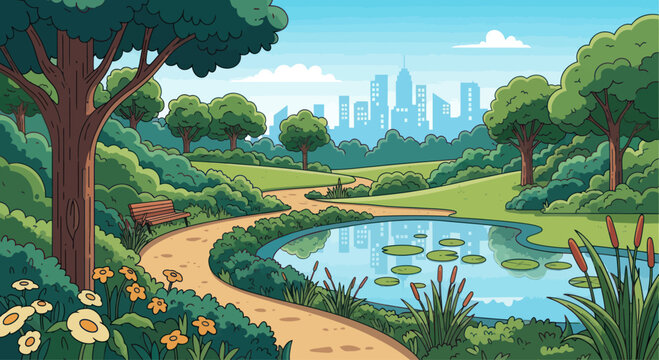 Serene park landscape with pond, pathway, and city skyline in distance