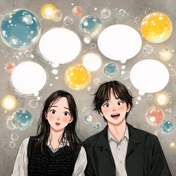 Cute webtoon style young couple portrait with floating colorful speech bubbles symbolizing thoughts, communication and emotions.