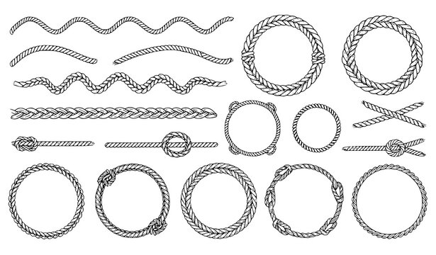 Rope wavy border and circle frame vector set with nautical knot cord braid western decorative outline