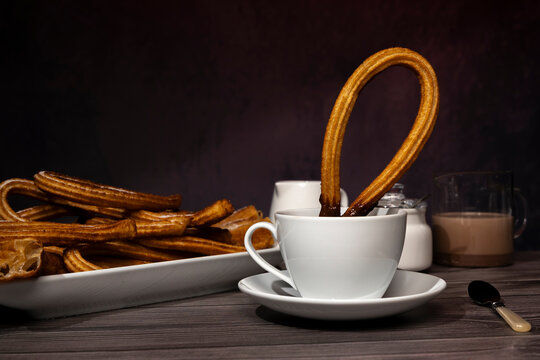 Fresh churros and chocolate typical breakfast in Spain