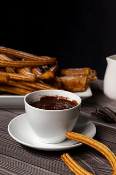 Authentic Spanish churros and chocolate dessert still life