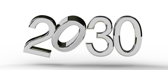 3D render of the year 2030, in glossy chrome against a clean white background. Perfect for future concepts and design.