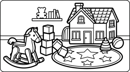 Black and white line art playroom scene with rocking horse toy blocks dollhouse ball and star patterned rug