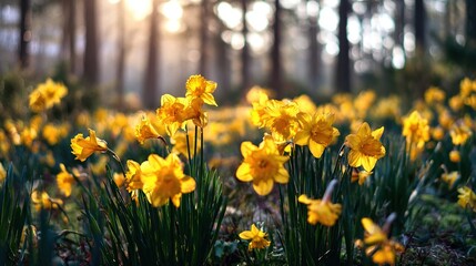 Obraz premium Bright yellow daffodils sway gently in the soft morning light, their petals shimmering in the sunlight against a backdrop of hazy green forest—a refreshing spring scene.