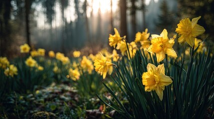 Obraz premium Bright yellow daffodils sway gently in the soft morning light, their petals shimmering in the sunlight against a backdrop of hazy green forest—a refreshing spring scene.