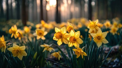 Obraz premium Bright yellow daffodils sway gently in the soft morning light, their petals shimmering in the sunlight against a backdrop of hazy green forest—a refreshing spring scene.