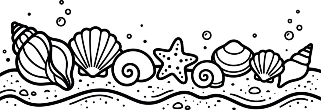 Black and white line art seamless border with seashells starfish sand ocean wave pattern minimal vector design