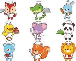 Obraz premium Cute Animal Chef Character Set with Fox, Crocodile, Rabbit, Panda, Lion, Mouse, Chick, Bear and Squirrel Cooking Cartoon Vector Collection
