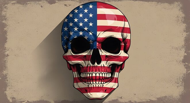 American flag skull on beige background with shadow