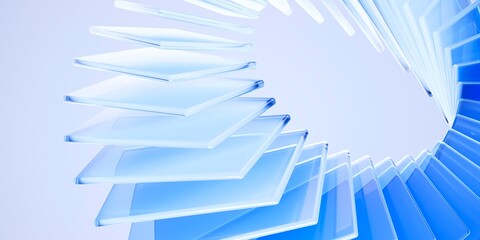 Abstract 3d render background, blue translucent glass plates arranged in a geometric spiral. Modern transparent crystal layers with light refraction and soft shadows on a clean white backdrop