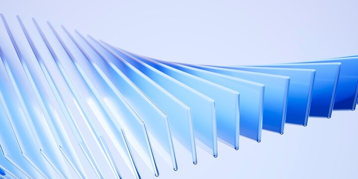 Abstract 3d render background, blue translucent glass plates arranged in a geometric spiral. Modern transparent crystal layers with light refraction and soft shadows on a clean white backdrop