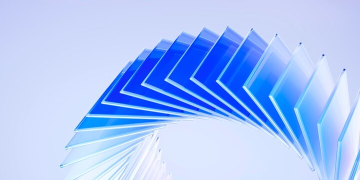 Abstract 3d render background, blue translucent glass plates arranged in a geometric spiral. Modern transparent crystal layers with light refraction and soft shadows on a clean white backdrop
